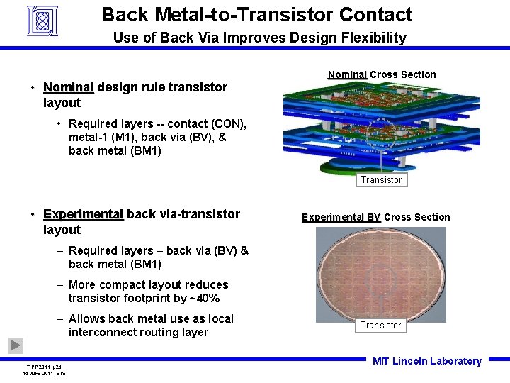 Back Metal-to-Transistor Contact Use of Back Via Improves Design Flexibility • Nominal design rule