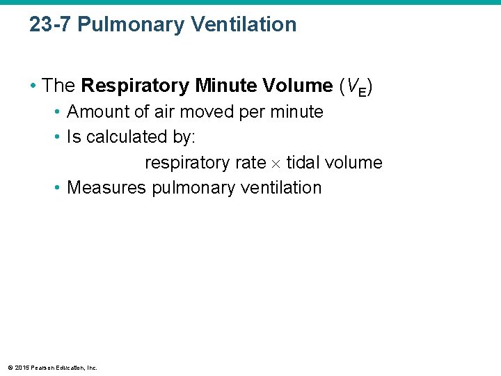 23 -7 Pulmonary Ventilation • The Respiratory Minute Volume (VE) • Amount of air