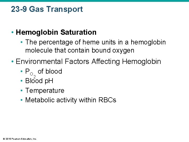 23 -9 Gas Transport • Hemoglobin Saturation • The percentage of heme units in