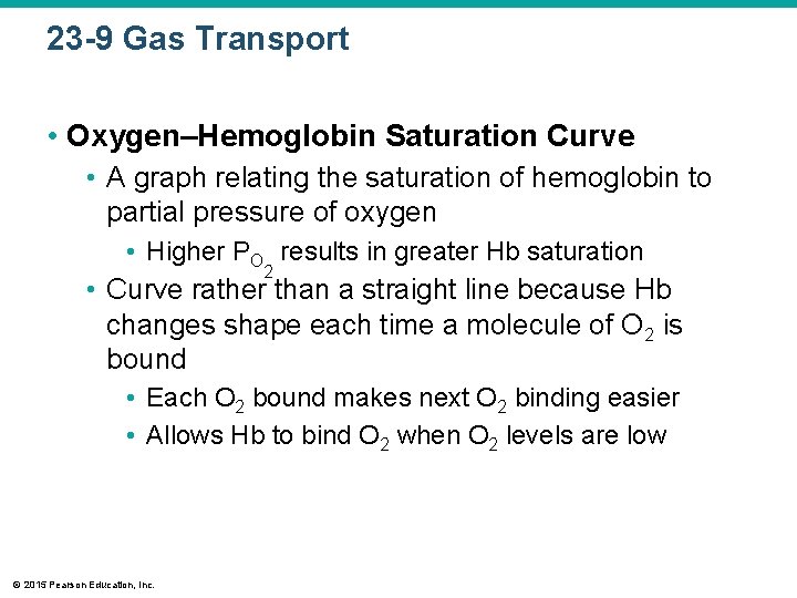 23 -9 Gas Transport • Oxygen–Hemoglobin Saturation Curve • A graph relating the saturation
