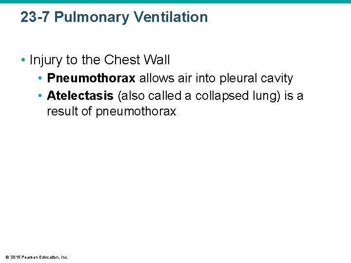 23 -7 Pulmonary Ventilation • Injury to the Chest Wall • Pneumothorax allows air