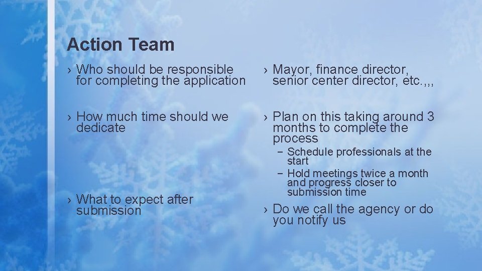 Action Team › Who should be responsible for completing the application › Mayor, finance