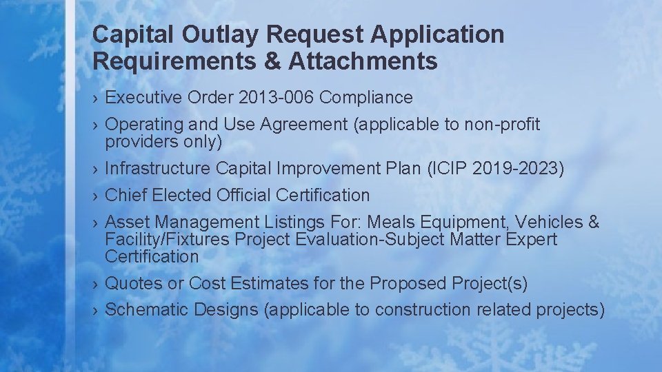 Capital Outlay Request Application Requirements & Attachments › Executive Order 2013 -006 Compliance ›