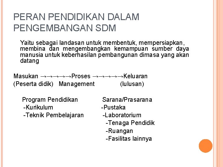 PERAN PENDIDIKAN DALAM PENGEMBANGAN SDM Yaitu sebagai landasan untuk membentuk, mempersiapkan, membina dan mengembangkan