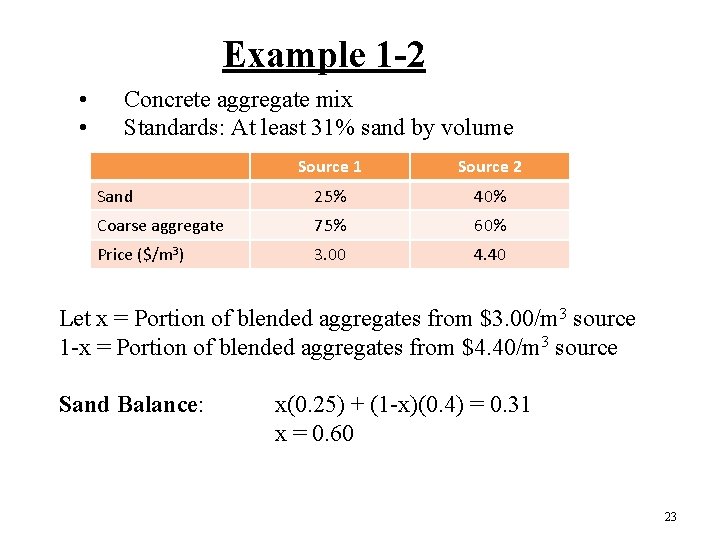 Example 1 -2 • • Concrete aggregate mix Standards: At least 31% sand by