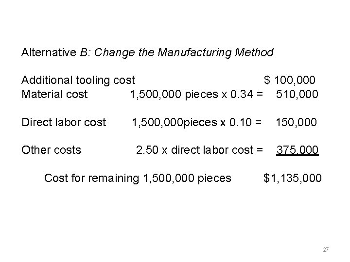 Alternative B: Change the Manufacturing Method Additional tooling cost $ 100, 000 Material cost