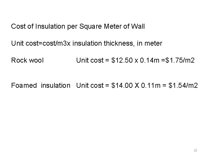Cost of Insulation per Square Meter of Wall Unit cost=cost/m 3 x insulation thickness,