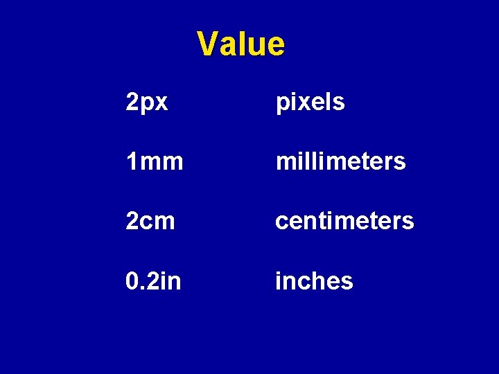 Value 2 px pixels 1 mm millimeters 2 cm centimeters 0. 2 in inches