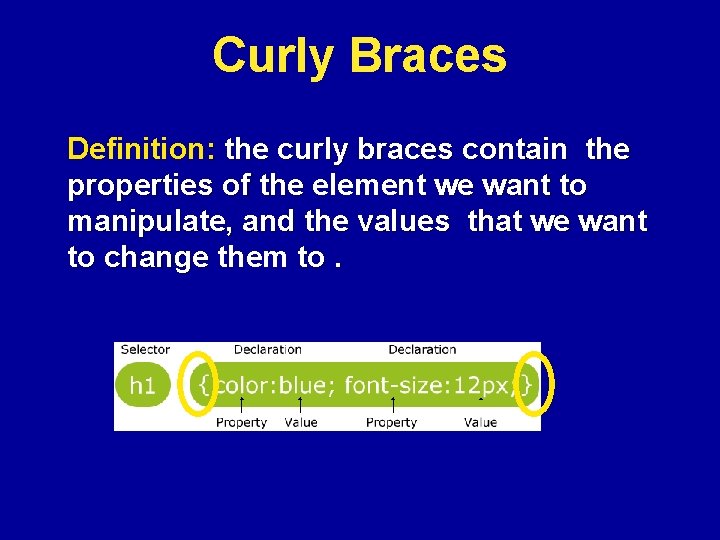 Curly Braces Definition: the curly braces contain the properties of the element we want