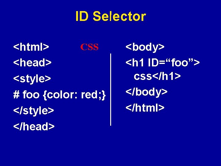 ID Selector CSS <html> <head> <style> # foo {color: red; } </style> </head> <body>