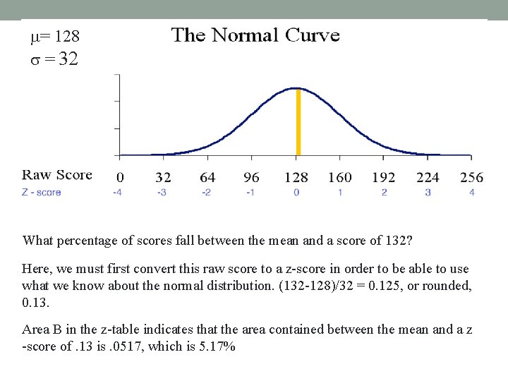 m= 128 s = 32 What percentage of scores fall between the mean and