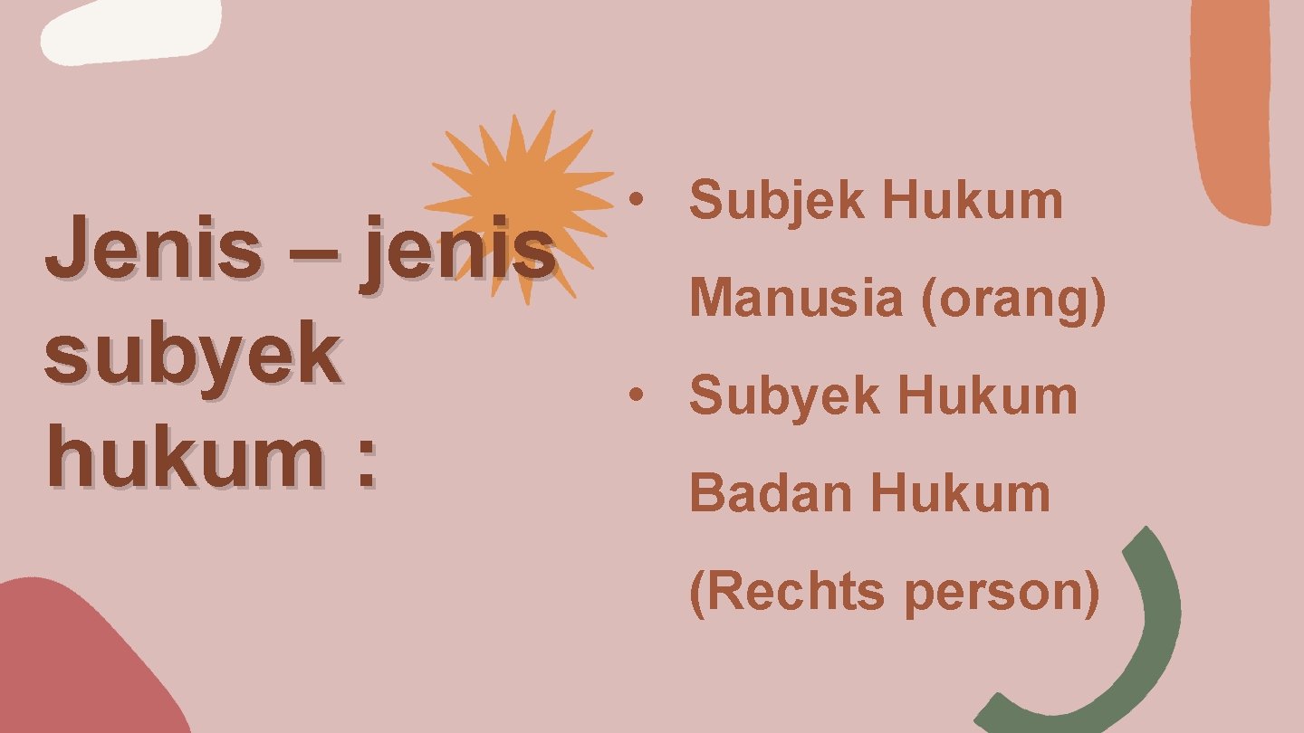 Jenis – jenis subyek hukum : • Subjek Hukum Manusia (orang) • Subyek Hukum