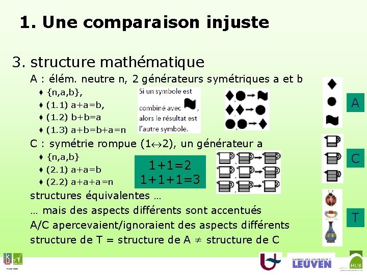 1. Une comparaison injuste 3. structure mathématique A : élém. neutre n, 2 générateurs