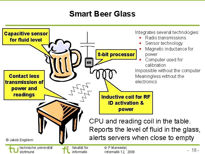 Smart Beer Glass Integrates several technologies: § Radio transmissions § Sensor technology § Magnetic