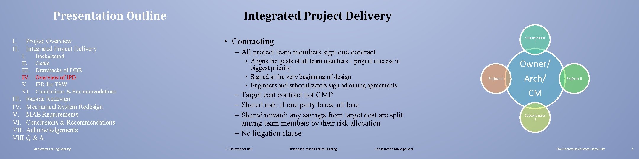 Presentation Outline I. II. Project Overview Integrated Project Delivery I. III. IV. V. VI.