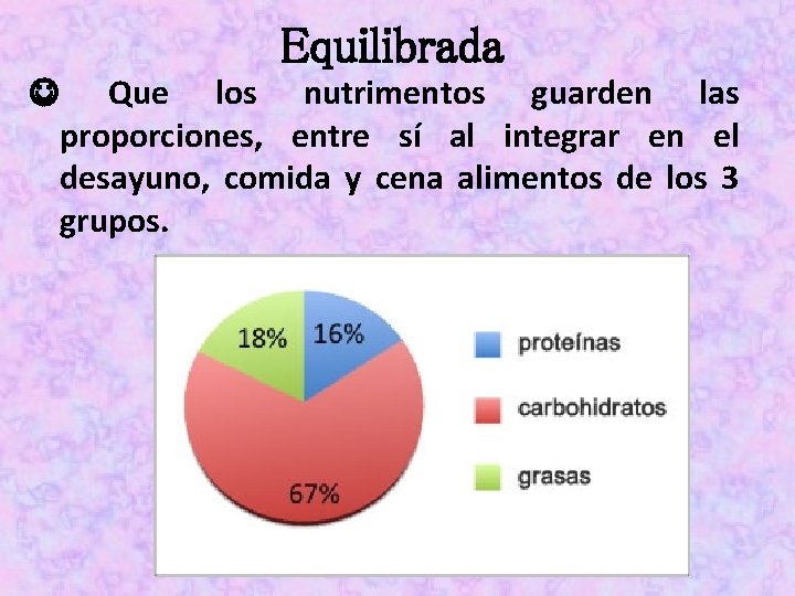 Equilibrada Que los nutrimentos guarden las proporciones, entre sí al integrar en el desayuno,