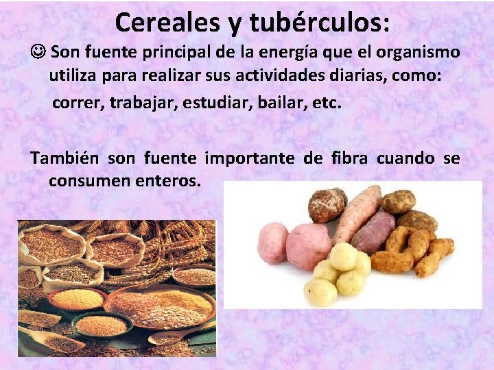 Cereales y tubérculos: Son fuente principal de la energía que el organismo utiliza para