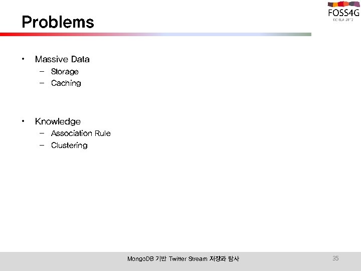 Problems • Massive Data – Storage – Caching • Knowledge – Association Rule –