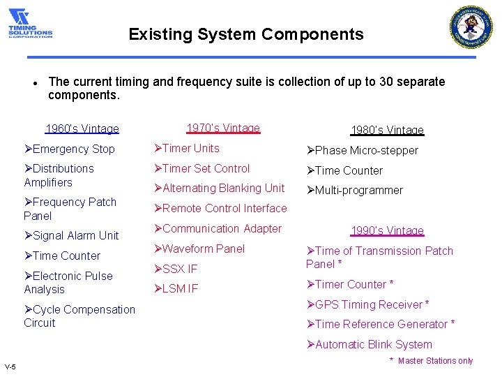 Existing System Components l The current timing and frequency suite is collection of up