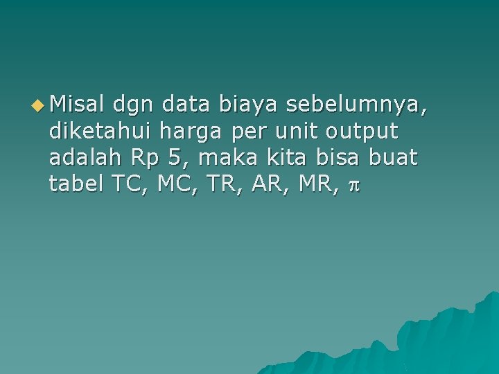 u Misal dgn data biaya sebelumnya, diketahui harga per unit output adalah Rp 5,