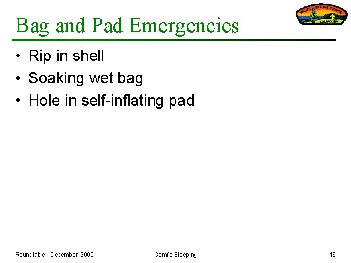 Bag and Pad Emergencies • Rip in shell • Soaking wet bag • Hole