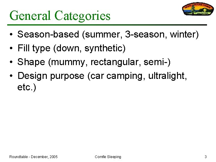 General Categories • • Season-based (summer, 3 -season, winter) Fill type (down, synthetic) Shape