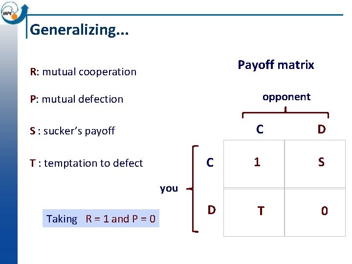 Generalizing. . . Payoff matrix R: mutual cooperation opponent P: mutual defection C D