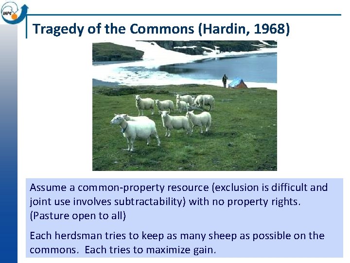 Tragedy of the Commons (Hardin, 1968) Assume a common-property resource (exclusion is difficult and