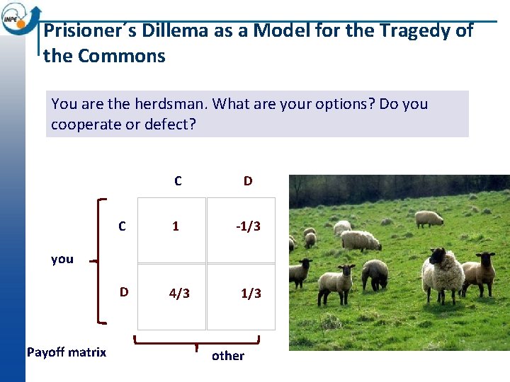 Prisioner´s Dillema as a Model for the Tragedy of the Commons You are the