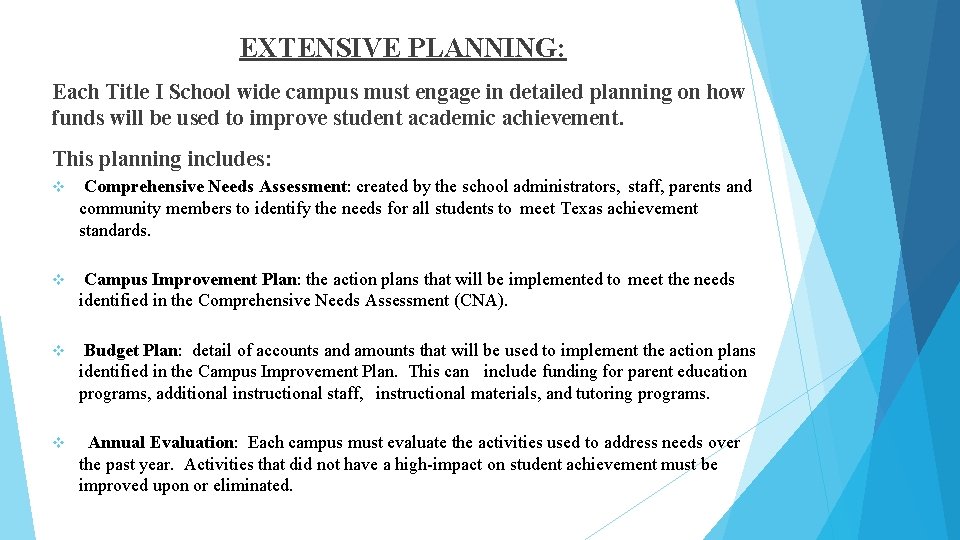EXTENSIVE PLANNING: Each Title I School wide campus must engage in detailed planning on