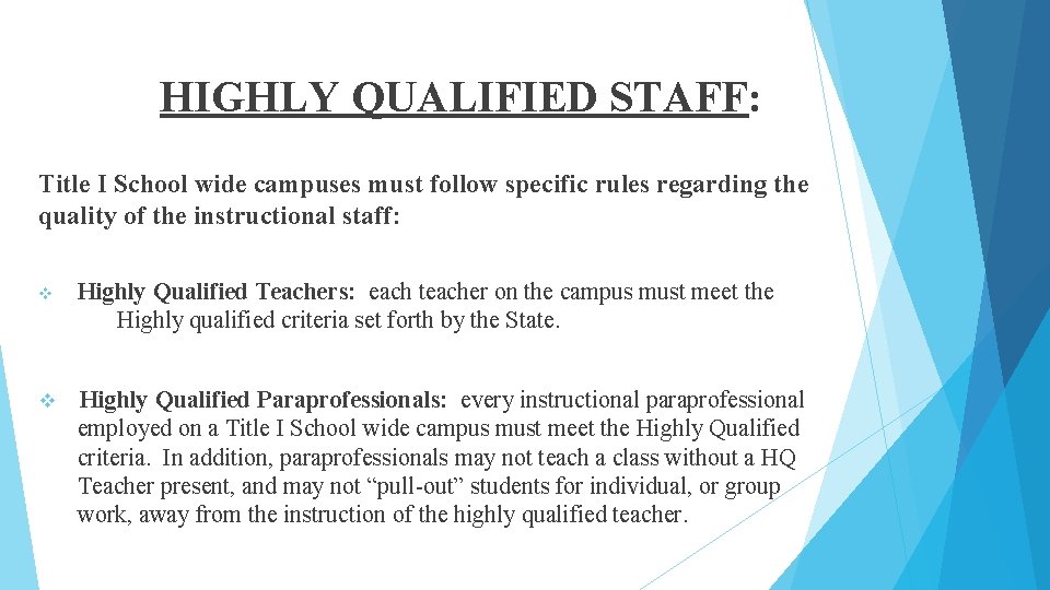 HIGHLY QUALIFIED STAFF: Title I School wide campuses must follow specific rules regarding the