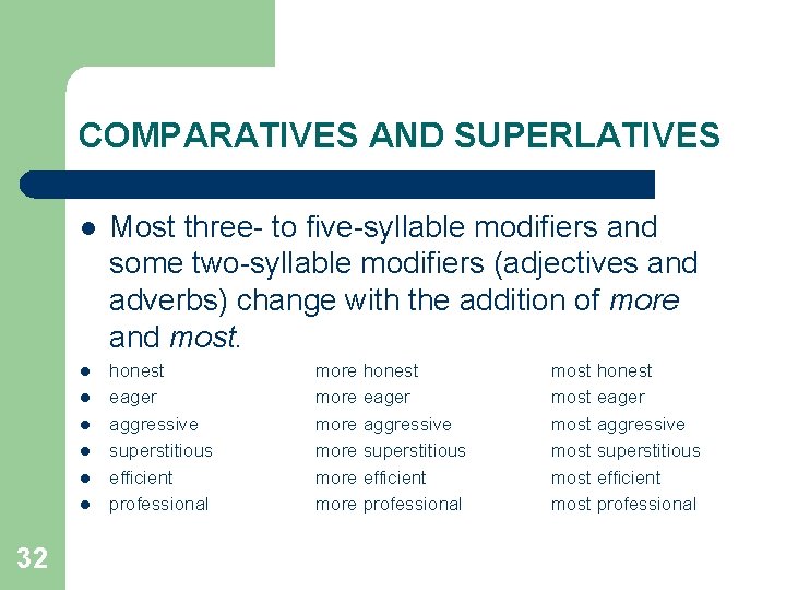 COMPARATIVES AND SUPERLATIVES l Most three- to five-syllable modifiers and some two-syllable modifiers (adjectives