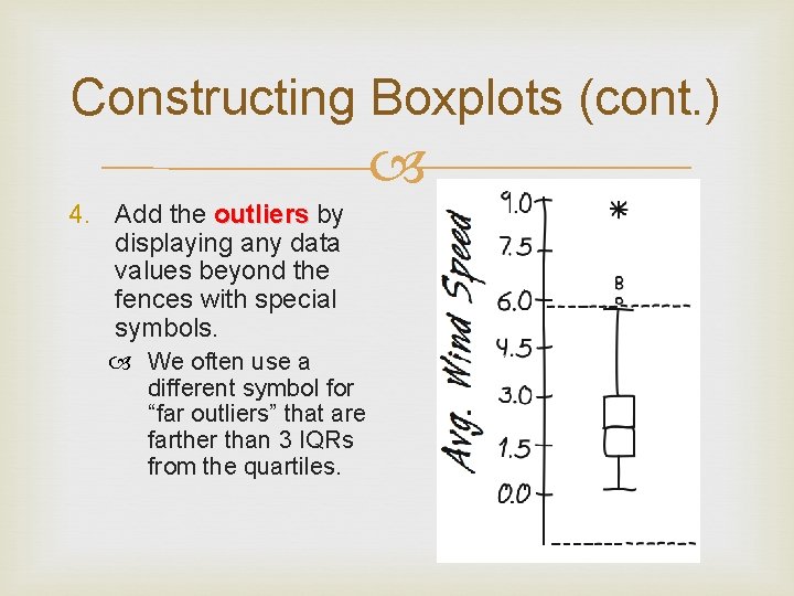 Constructing Boxplots (cont. ) 4. Add the outliers by displaying any data values beyond