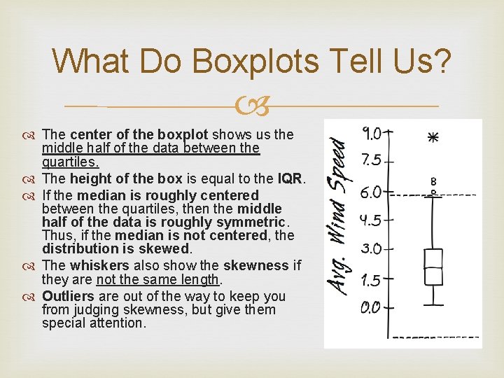 What Do Boxplots Tell Us? The center of the boxplot shows us the middle