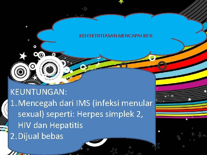 KEEFEKTIFITASAN MENCAPAI 80 % KEUNTUNGAN: 1. Mencegah dari IMS (infeksi menular sexual) seperti: Herpes