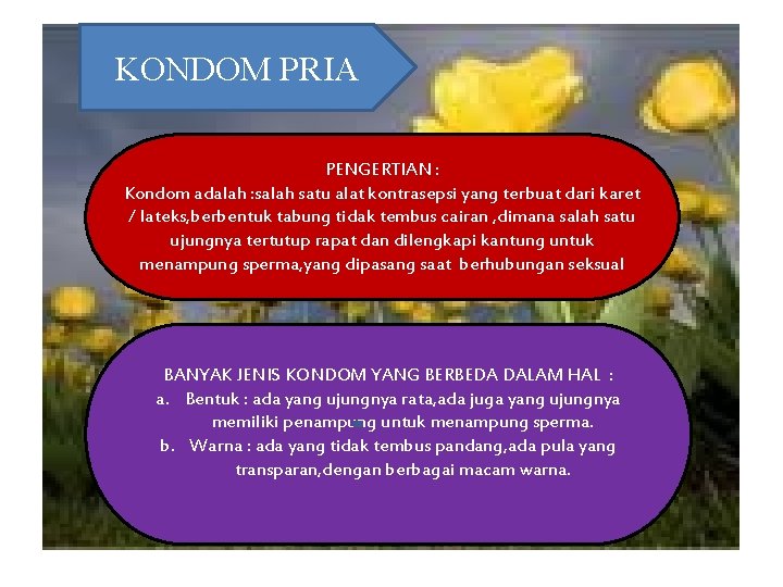 KONDOM PRIA PENGERTIAN : Kondom adalah : salah satu alat kontrasepsi yang terbuat dari