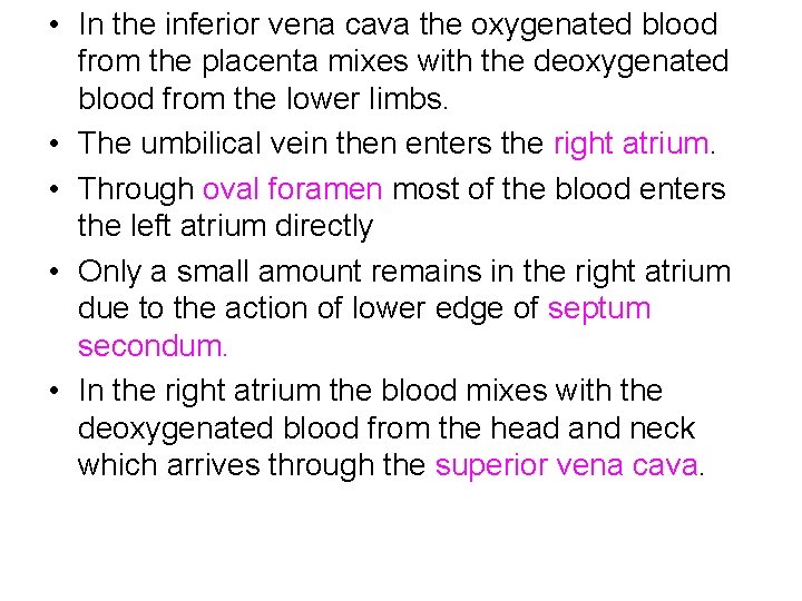  • In the inferior vena cava the oxygenated blood from the placenta mixes