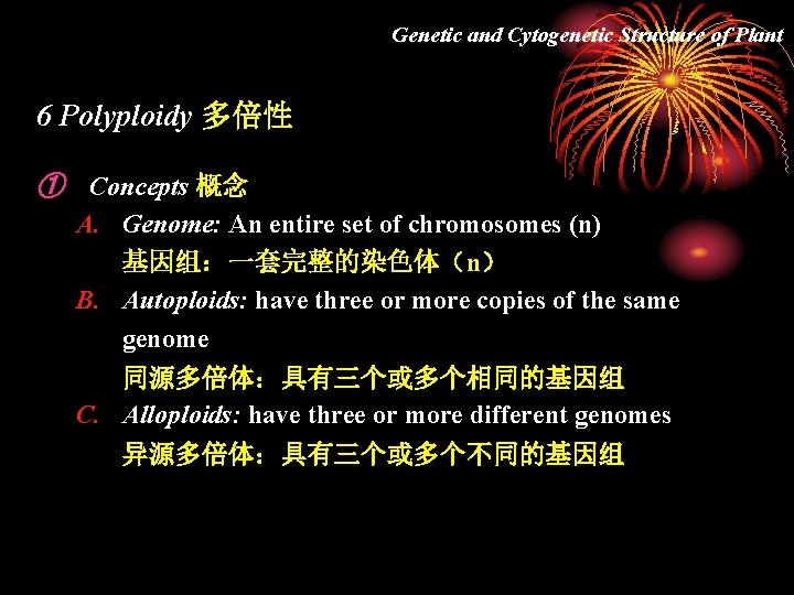 Genetic and Cytogenetic Structure of Plant 6 Polyploidy 多倍性 ① Concepts 概念 A. Genome: