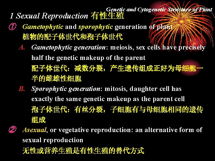 Genetic and Cytogenetic Structure of Plant 1 Sexual Reproduction 有性生殖 ① Gametophytic and sporophytic