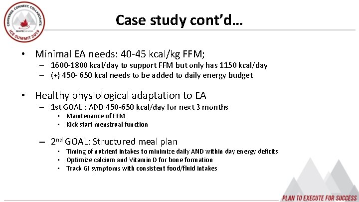 Case study cont’d… • Minimal EA needs: 40 -45 kcal/kg FFM; – 1600 -1800