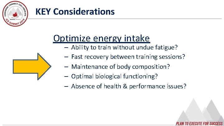 KEY Considerations Optimize energy intake – – – Ability to train without undue fatigue?