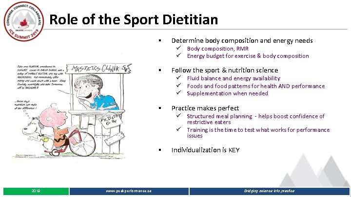 Role of the Sport Dietitian § Determine body composition and energy needs ü Body