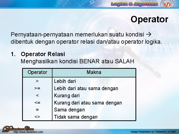 Operator Pernyataan-pernyataan memerlukan suatu kondisi dibentuk dengan operator relasi dan/atau operator logika. 1. Operator Operator Pernyataan-pernyataan memerlukan suatu kondisi dibentuk dengan operator relasi dan/atau operator logika. 1. Operator