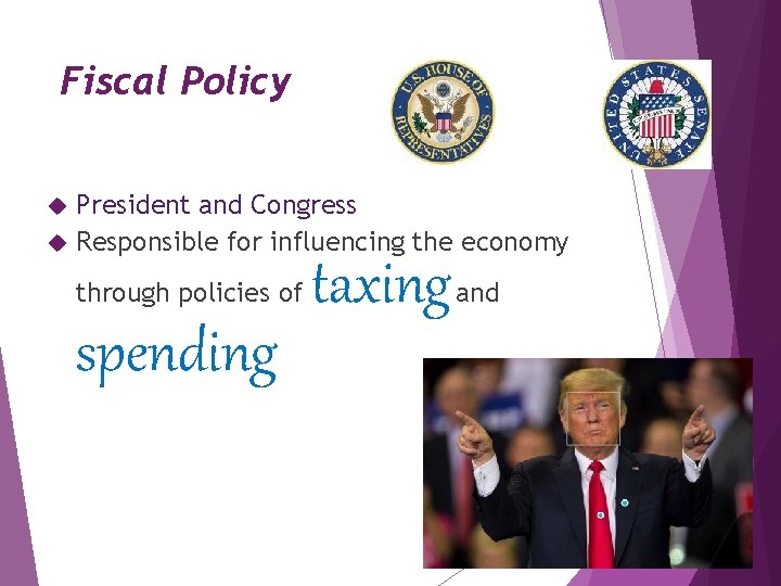Fiscal Policy President and Congress Responsible for influencing the economy through policies of spending