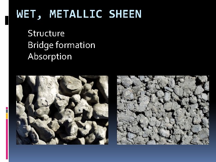 WET, METALLIC SHEEN Structure Bridge formation Absorption 