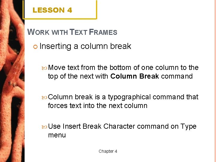 LESSON 4 WORK WITH TEXT FRAMES Inserting a column break Move text from the