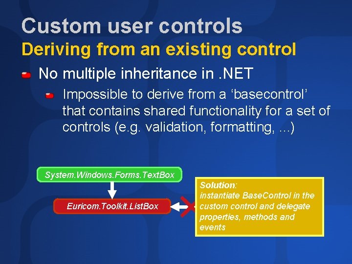 Custom user controls Deriving from an existing control No multiple inheritance in. NET Impossible