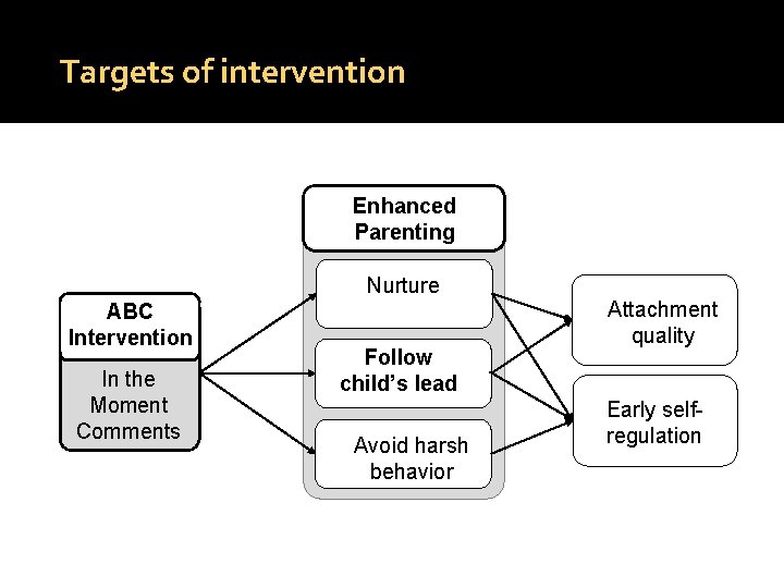 Targets of intervention Enhanced Parenting Nurture ABC Intervention In the Moment Comments Follow child’s
