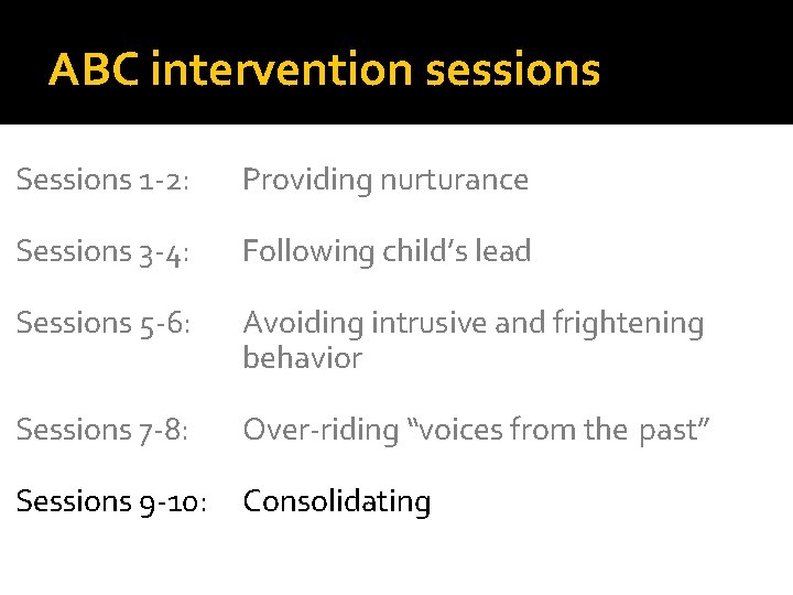 ABC intervention sessions Sessions 1 -2: Providing nurturance Sessions 3 -4: Following child’s lead