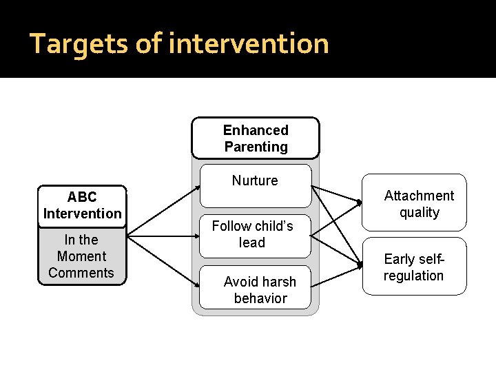 Targets of intervention Enhanced Parenting Nurture ABC Intervention In the Moment Comments Follow child’s